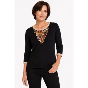 Ruby Rd Petite Black Embellished Neckline Knit Blouse 3/4 Sleeve Beaded PXL Y2K